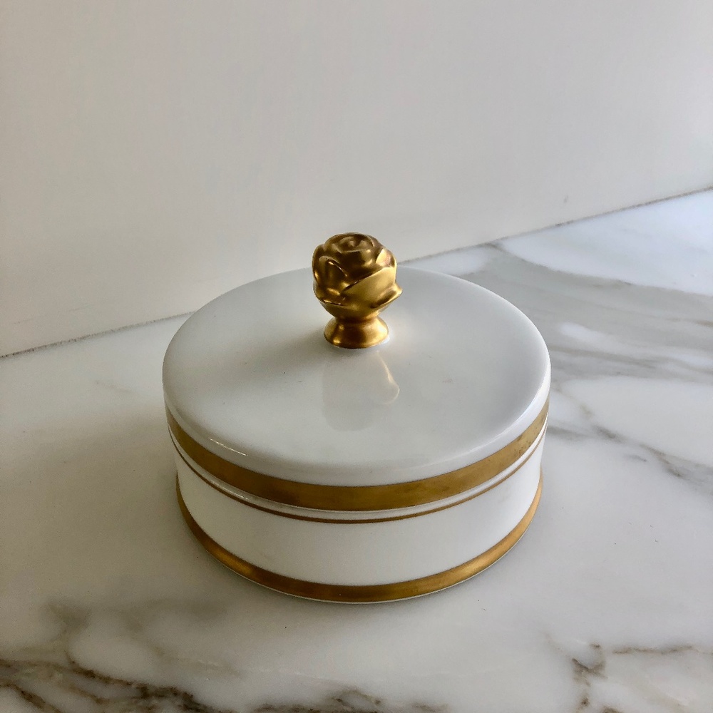 Vintage covered dish; white china with gold leaf accents; 6" x 4" high